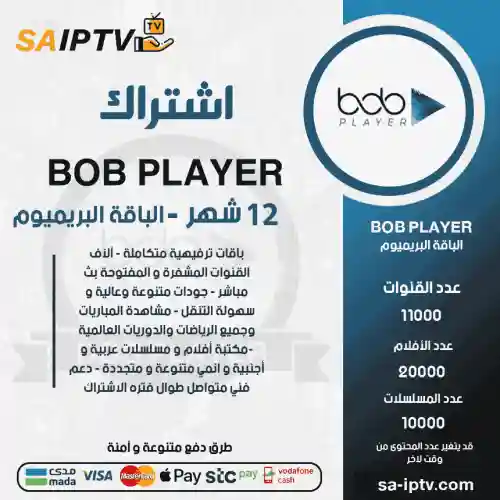 BOB TV - اشتراك بوب مدة 12 شهر الباقة بريميوم + 3 اشهر مجانا